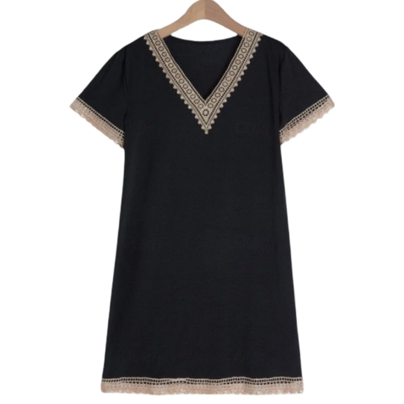 NWT Cupshe Black V-Neck Boho Lace Trim Mini Dress Beach Casual M - Picture 3 of 11